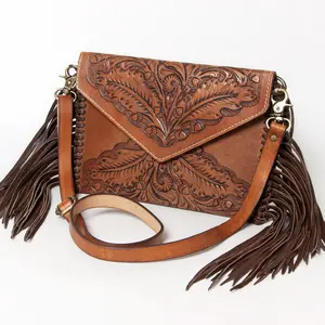 American Darling Envelope Bag Handcrafted from Hand Tooled Floral Genuine Leather with Braided Edges, Fringes, and YKK Zipper