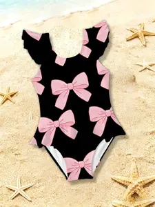 Girls' Fashionable Digital Print Swimsuit, Bow Pattern, Ruffled Edges, Perfect for Spring and Summer Holidays, Party and Outdoor Activities