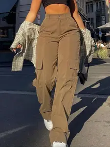 [Run small]Women's All-Season Fitted Mid-Waist Pants with Pockets, Street Style Sporty Casual Workwear, Plain Design, Comfortable and Versatile, Casual Comfy Pocket, Casual Outdoor Trouser