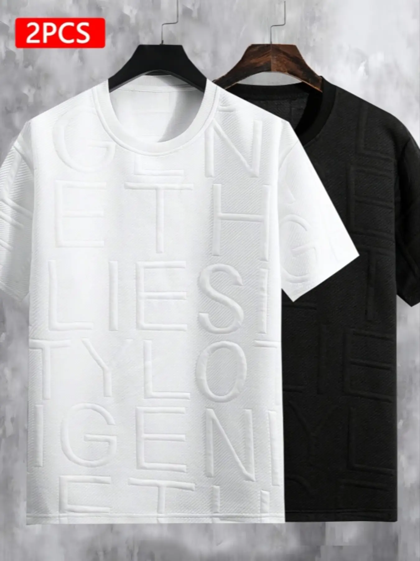 2 Pcs, Men's Casual Embossed Pattern Short Sleeve T-Shirt, 100% Polyester Round Neck Knit Fabric, Micro Stretch Fitted Solid Color Top,