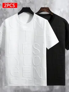 2 Pcs, Men's Casual Embossed Pattern Short Sleeve T-Shirt, 100% Polyester Round Neck Knit Fabric, Micro Stretch Fitted Solid Color Top,