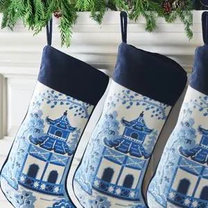 Chinoiserie Pagoda Embroidered Needlepoint Stocking