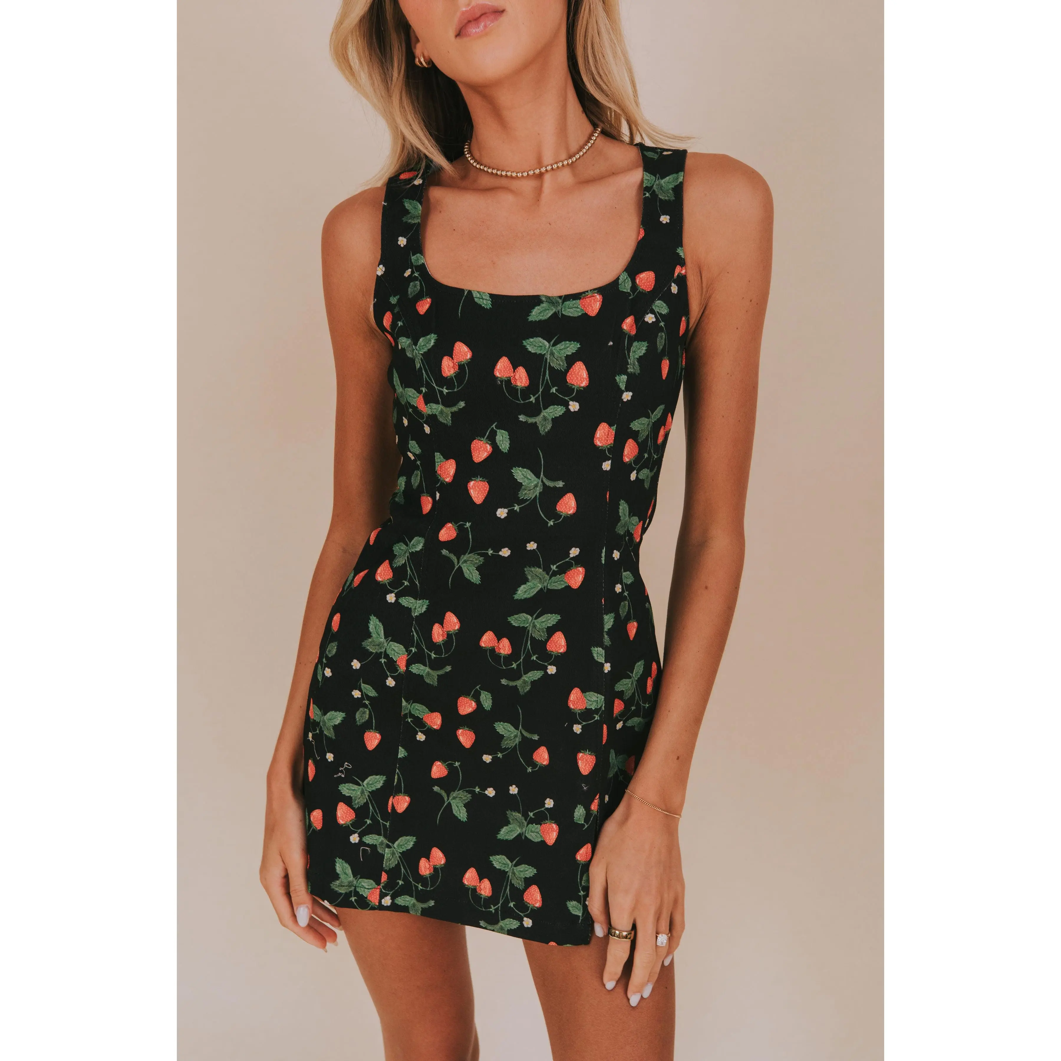 Women's Casual Strawberry Print Denim Dress, Colorful Casual Wear with Silver Accents