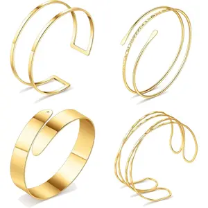 4PCS Gold Arm Cuff Jewelry for Women Upper Arm Cuff Bangle Band Armlet Adjustable Arm Gold Cuff Bracelet Set