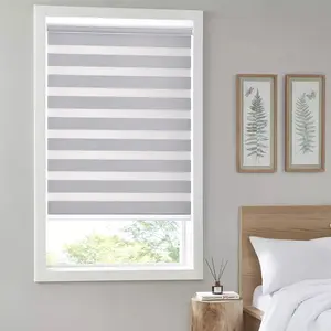 Custom No-Drill Zebra Blinds 100% Blackout - Cordless Dual Layer Roller Shades - Silver