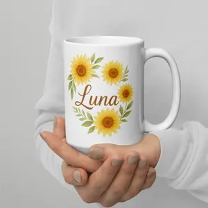 Personalized Sunflower Mug – Luna Custom Name Mug – Yellow Floral Coffee Cup – Sunflower Gift for Women – Hand Holding Mockup – Custom Flower Mug -Luna Name on Mug