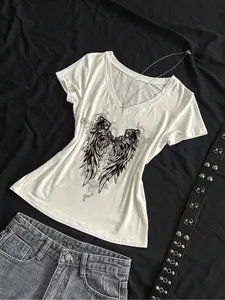 Women's Milk Silk Soft Breathable T-Shirt, V-Neck Short Sleeve, Retro Vintage Cool Pattern, Comfortable Fashion, Summer Casual Wear