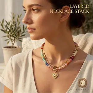 Modern Dopamine Core Multicolor Beaded Boho Chic Necklace, Elegant Stackable Heart Pendant Collarbone Chain for Everyday Styling  beaded necklace set  charm necklace gift  daily wear necklace  trendy necklace dopamine necklace cute gifts for girlfriend