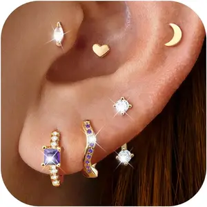 14K Gold Plated Birthstone Cartilage Earrings for Women - 20G Chic Hypoallergenic Surgical Steel Flat Back Studs Huggie Hoops Earring Stacks