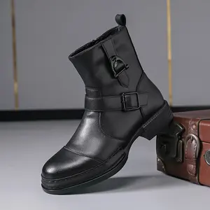 CYUW Men’s Dual Buckle Motorcycle Boots, Retro Chunky Heel, Side Zipper, Mid-Calf Work Denim Fashion Boots