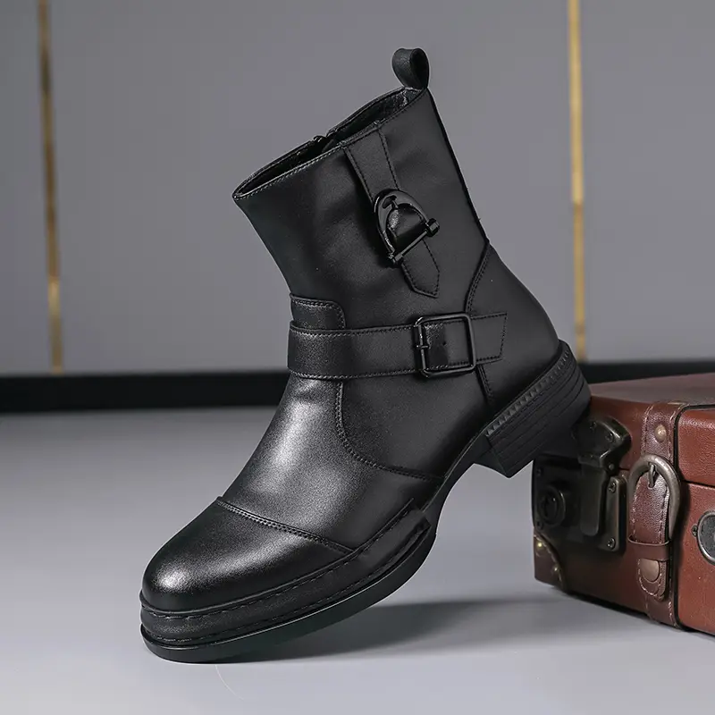 CYUW Men’s Dual Buckle Motorcycle Boots, Retro Chunky Heel, Side Zipper, Mid-Calf Work Denim Fashion Boots backtoschool