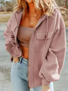 Pink Flap Pocket Drawstring Hood Zip Up Jacket