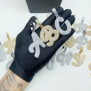 [Buy One Get Free Necklace] Cursive Letter Alphbet Zirconia Pendant for DIY Hip Hop Couple Jewelry