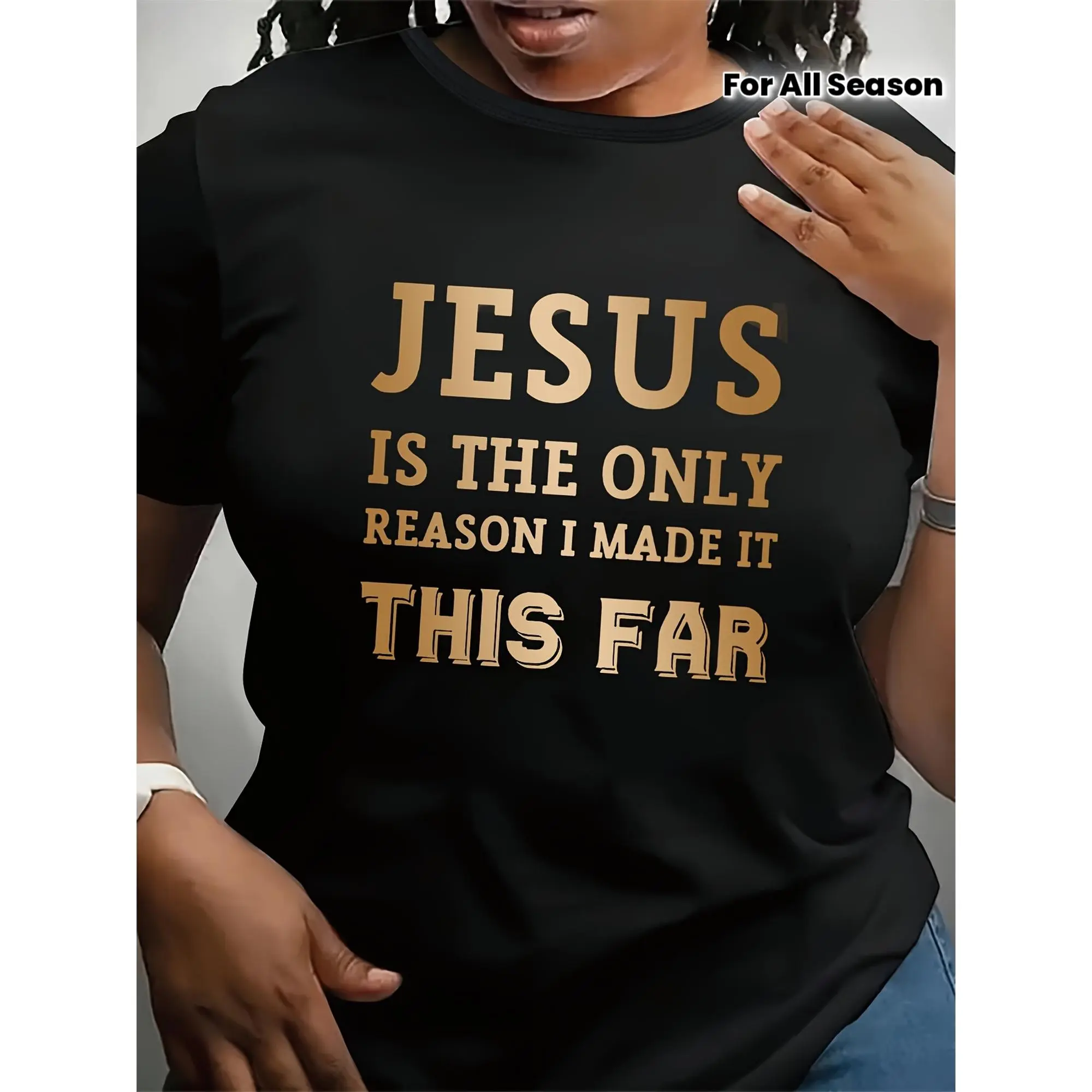 summer clothes Ladies Christian Faith Foundation women T-Shirt - "Is The Only Reason I Got This Way" Golden Leaf Print - Black Grey Religious Clothing - NON-SEE THROUGH Fabric - All Season Daily And Special Occasion Church Clothing