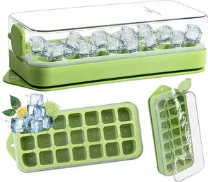 Ice Cube Tray with Lid and Bin - 21 Pcs Silicone Ice Mold for Freezer, Easy Release,Quick Filling Without Touching, Convenient, and Space-Saving Green