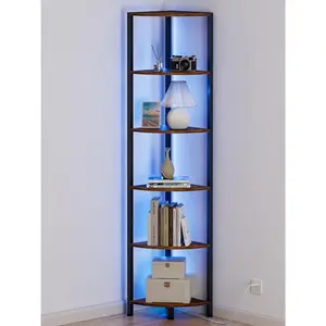 6 Tier Corner Shelf with LED Light, 67.5" Tall Standing Shelf Organizer, Narrow Bookshelf with Storage Rack for Wall Corner, Living Room, Bedroom, Metal Frame,  Display Shelf