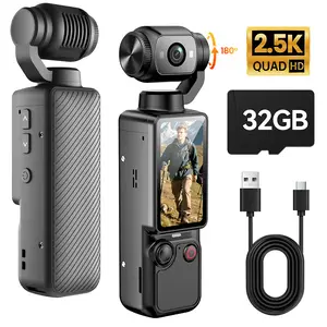 W&O Portable 2.5K Ultra HD Video Recorderwith 180° Rotating Lens, Handheld Stabilizer Pocket Camera, Full Body Camera forVlogging, Travel & Daily Life Recording, USBRechargeable, Black, Vlogging Camera,Modern Gadget, Durable Construction,Camcorder