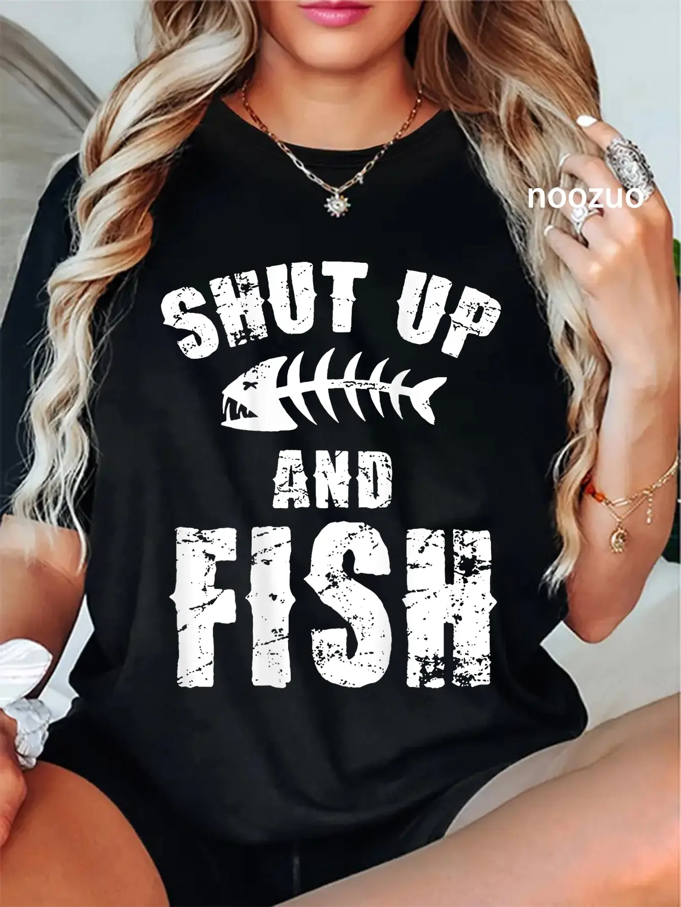 100% Cotton Funny Shut Up And Fish Tee Letter Print T-Shirt