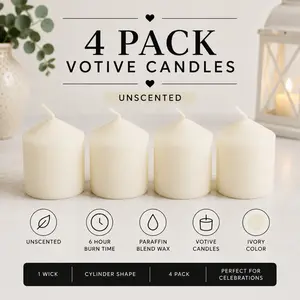 4 Pack Unscented Votive Candles | Ivory Pillar Candles for Home Décor, Weddings, Prayer & Special Events