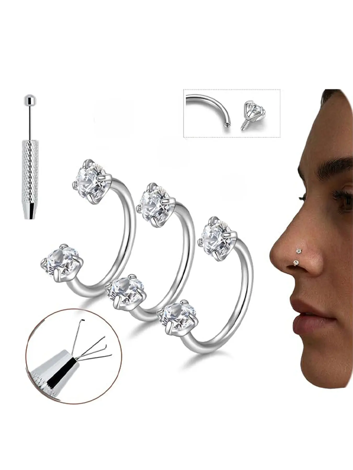 4PCS 20G Horseshoe Nose Ring for Women 6mm 7mm 8mm Surgical Steel Double Gem Horse Shoe Hoop Nose Studs Piercing Jewelry Hypoallergenic Silver Gold Septum Ring Lip Helix Tragus Daith Piercing Jewelry Body Jewelry