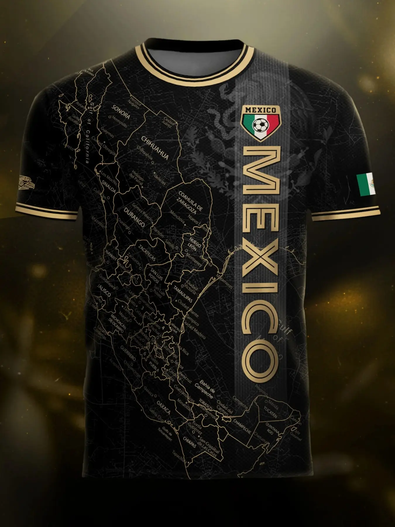 Mexico Heritage Map Soccer Jersey with Golden Aztec Accents, Casual ...
