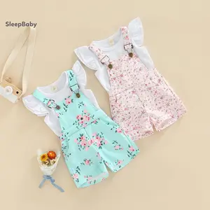 Little Boys Girls 2pcs Pants Set, Fly Sleeve Plain O-neck T-shirt, Floral Patterns Copper Buttons Suspender Short Pants
