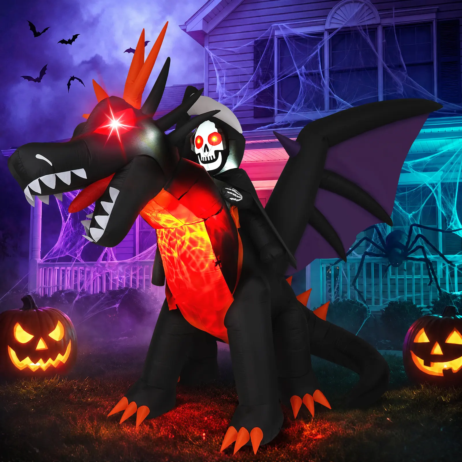 11.5FT Halloween Rubber Inflatable Blow-Up Dragon with Grim Reaper, 135° Auto Head-Swaying, Dynamic Flame Outdoor Decorative Lights, Garden Yard Lawn Party Decoration
