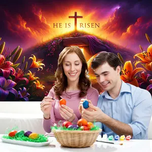 Easter Jesus Resurrection Banner, Glowing Tomb and Cross Scene, Party Decoration, Multi-Color Background, No Power Needed