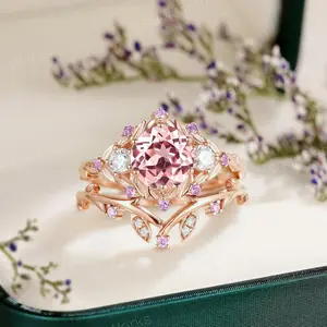 Rose Gold Pink Sapphire Floral Engagement Ring Set with Moissanite Leaf Accents Nature Inspired Vintage Round Cut Sapphire Bridal Wedding Band Twig Vine Art Deco Promise Ring Dainty Flower Halo Customizable Anniversary Gift for Wife Girlfriend