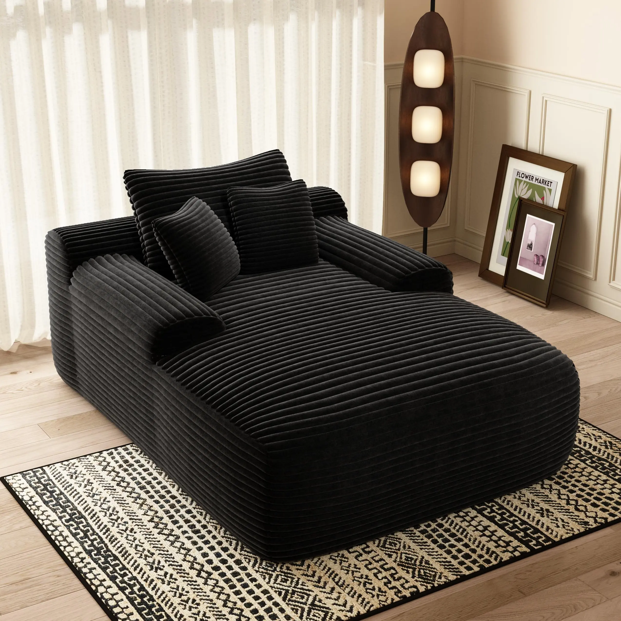 Eyisean 65" Stripes Corduroy Modern Chaise Lounge Chair - Indoor Couch, Modern Lounge Furniture, Comfy Boneless Seat, Wide Armrest, Pillows, Oversized Convertible Sleeper, Deep Seat Reading Chair for Living Room, No Assembly Required, Floor Sofa Lounge, S