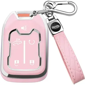 for GMC Key Fob Cover with Keychain，Key Case Shell TPU Full Protection Compatible with GMC Chevy Acadia Sierra Terrain Silverado 1500 2500HD 3500HD (Pink, 5 Button)