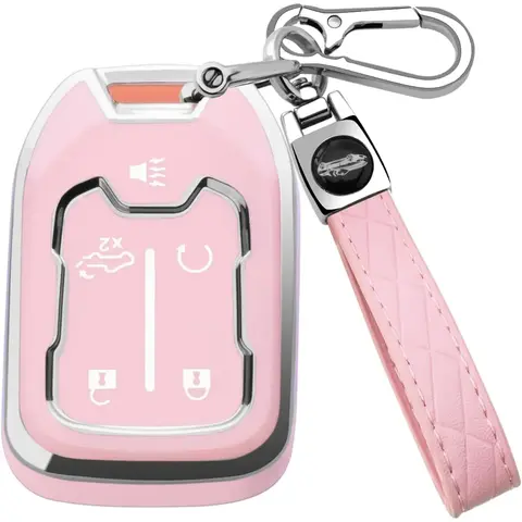 for GMC Key Fob Cover with Keychain,Key Case Shell TPU Full Protection Compatible with GMC Chevy Acadia Sierra Terrain Silverado 1500 2500HD 3500HD (Pink, 5 Button)