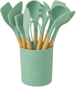 Silicone Cooking Utensil Set with Holder, 12-Piece – Sage Green, Wooden Handles – Heat Resistant, Nonstick Safe Spatulas, Spoons, Turner, Tongs & Whisk – Premium Kitchen Tool Set