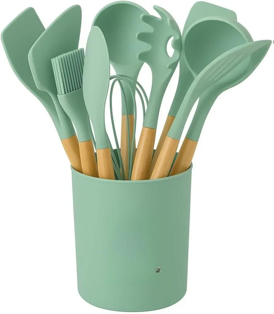 Maxlife 12-Piece Food Grade Silicone Cooking Utensil Set - Sage Green, Stylish Wooden Grips, Holder, Slotted Spoon, Pasta Server, Spatulas, Turner, Tongs, Whisk - Durable, Heat Resistant, Nonstick-Safe, Hand Wash Kitchen Accessories for Everyday Cooking
