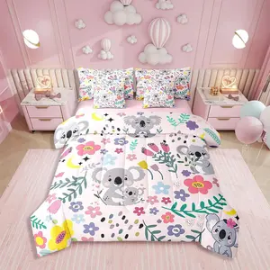 Girls Floral Koala Comforter Bed Set,7 Piece Bed Bag,Kawaii Koala Family Bedding Set,Kids Teens Animal Quilt Super Soft All Season Bedroom Bed Set