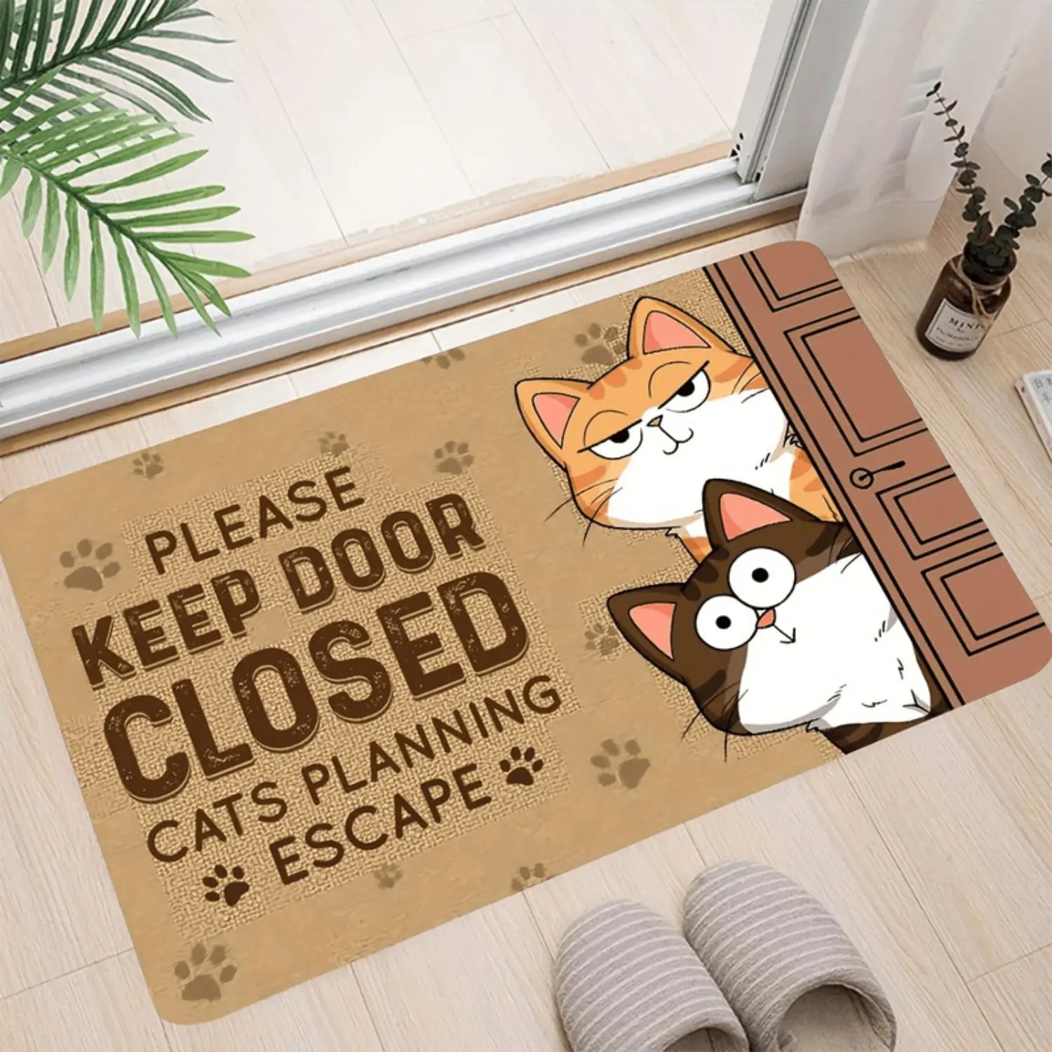 Cat Welcome Doormat Keep Door Closed Cat Escape Plan Indoor Decorative Flannel Floor Mat for Home
