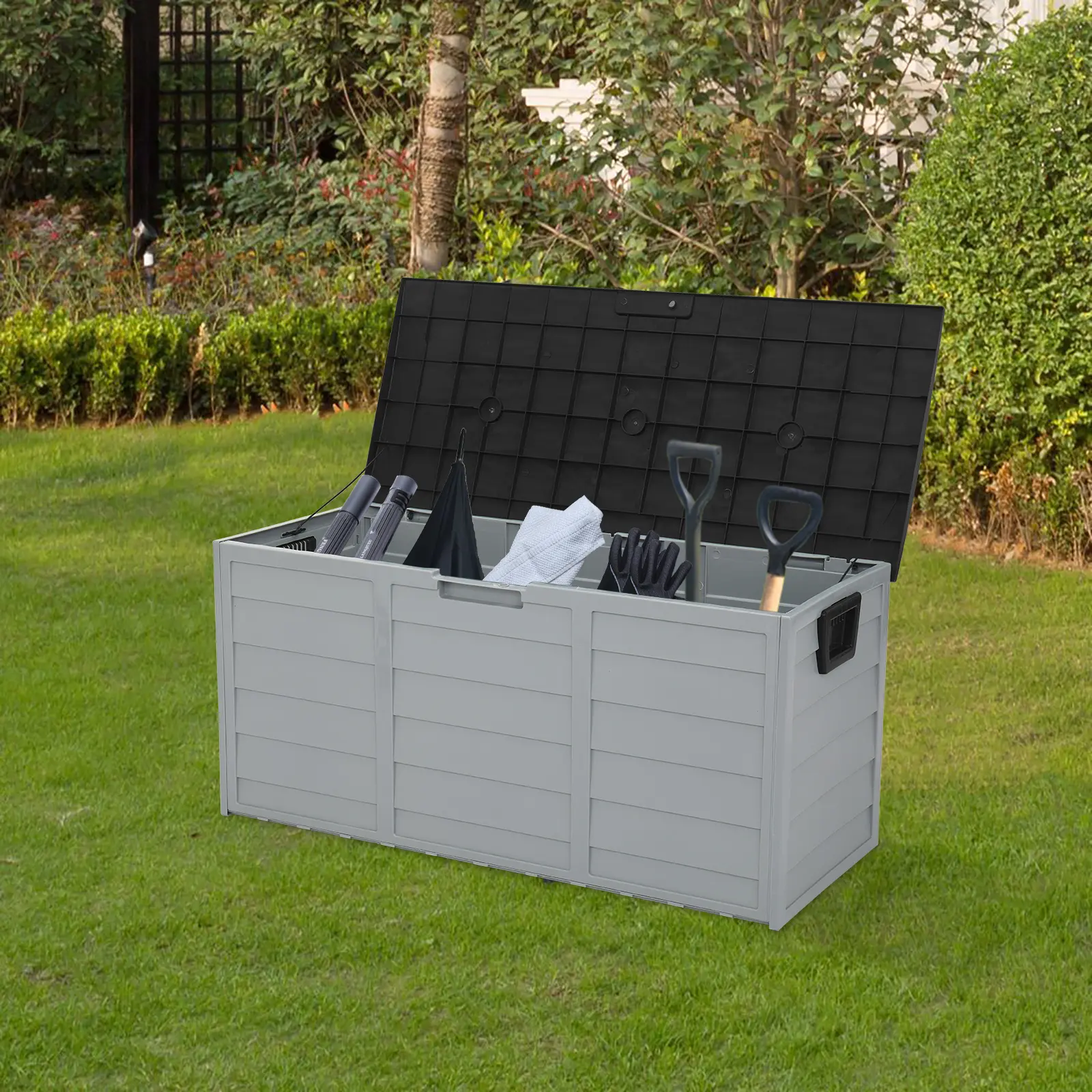 75 Gallon 260L Outdoor Garden Plastic Storage Deck Box, Weatherproof Lockable Storage Chest With Wheels & Built-In Handles, Multi-Purpose Patio Container For Cushions, Garden Tools, Pool Toys, Can Be Used As Extra Outdoor Seat（75  260