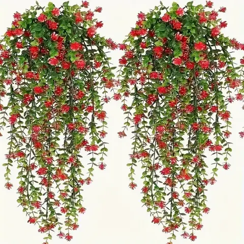 Decorative Lifelike Sun-Safe Plastic Artificial Faux Eucalyptus Hanging Plant Ornament - UV-Resistant, Durable, Realistic Green Vines, Red Flowers, Easy Install, Low-Care Decor for Wall, Balcony, Indoor/Outdoor Use