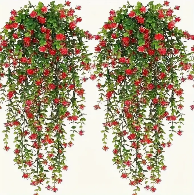Lifelike UV-Resistant Faux Eucalyptus Hanging Plant with Realistic Green Vines & Red Flowers Durable Plastic for Outdoor & Indoor Decor Easy Install Year-Round Ambiance