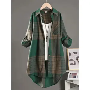 Colorblock Plaid Print Polo Collar Shirt, Casual Pocket Long Sleeve Shirt For Spring & Fall, Women's Clothing