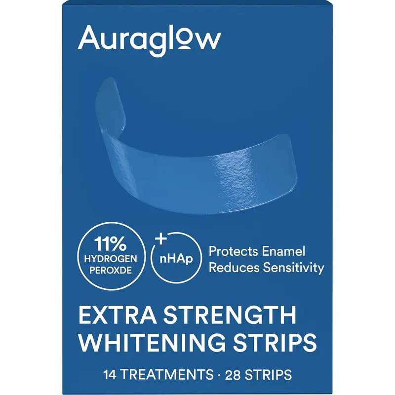 Auraglow Extra Strength Teeth Whitening Strips, Strong Whitening Strips, 14 Whitening Treatments, 11% Hydrogen Peroxide with Nano Hydroxyapatite to Reduce Sensitivity & Protect Enamel, 28 Strips, Mint