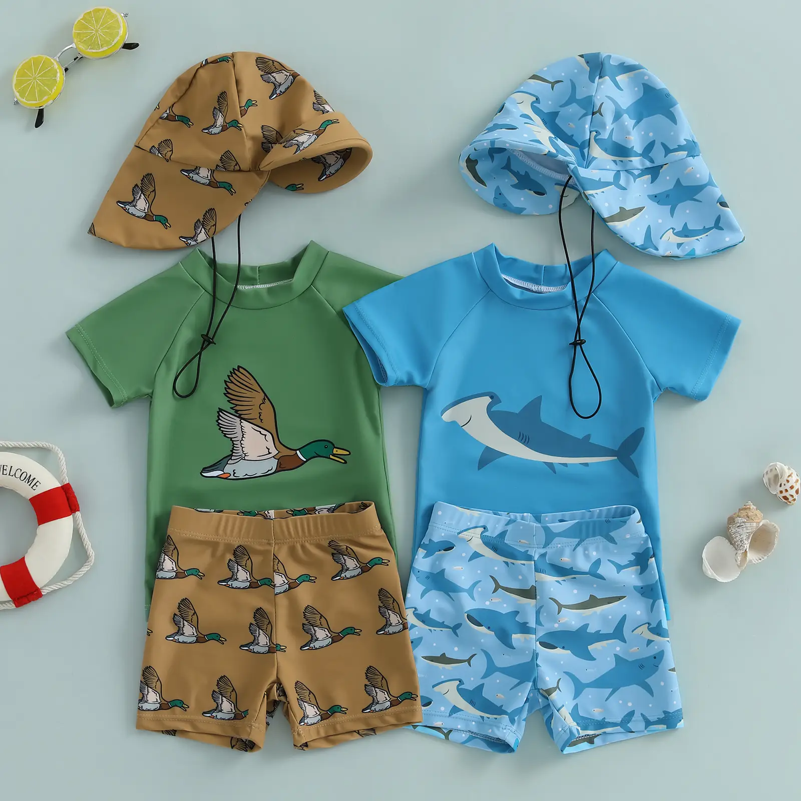 Toddler Boys Rash Guard Swimsuit Set Shark/Duck Print Short Sleeve Round Neck Tops with Shorts and Swim Hat 3 Pcs Set