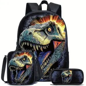 Large Black Dinosaur-Themed Backpack Set — Featuring a lightweight design, zippered closure, and adjustable shoulder straps, this simple yet versatile travel backpack is the perfect choice for teenagers' daily commutes.