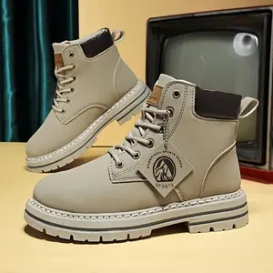 Men's High-Top Hiking Boots, Casual Street Style, Solid Color, All-Season, Shock Absorption, Non-Slip, Lace-Up Closure, Plain Toe, Faux Upper, Fabric Inner & Insole, PVC Sole