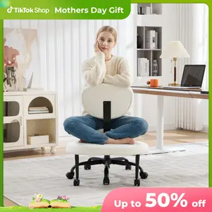 [mothersdaygift] EBELLO Ergonomic Cross Legged Chair, 360° Swivel Meditation Chair with Wheels, Height Adjustable Seat for ADHD, Teddy Fabric, Strong Lumbar Support, Chic Home Office Furniture