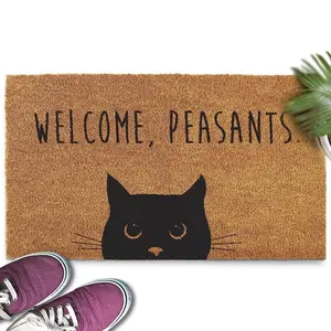 Funny Cat Themed Doormat "Go Away Peasants" - Bold Letter Pattern Tufted Weave Non-slip Heavy-Duty Coir Mat for Front Door Gold Edition Unisex Couple Style Skin-friendly Design