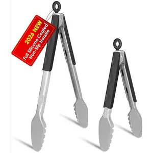 Stainless steel kitchen tongs, 2-piece set, models 9inch and 12inch, with locking metal food tongs, suitable for cooking, serving, and grilling, equipped with non-slip handles