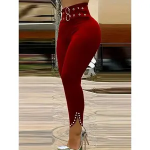 Women's Elegant High-Waisted Slim-Fit Pants - Eyelet & Rhinestone Details, Red Polyester, Machine Washable, All-Season Versatile" ​