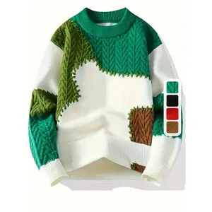 Warm & Stylish Men’s Color-Block Cable Knit Sweater – Versatile Acrylic Blend Pullover for All Seasons with Ribbed Cuffs and Long Sleeves