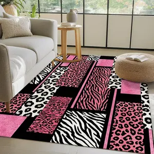 Pink leopard and zebra print patchwork, modern eclectic style Living room rug, easy to clean, suitable for hallway, living room 15-25 sqm, kitchen, bedroom 1.5m-1.8m single/double bed